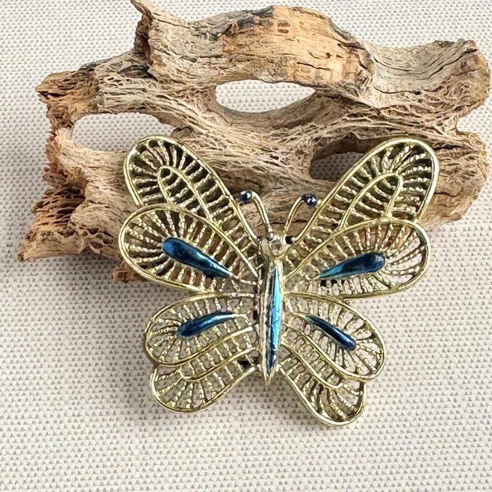 Gold Tone & Blue Enamel Butterfly Brooch Signed Gerrys 1.75"